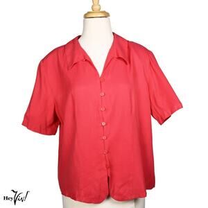 Vintage 80s Impressions Blouse Top Pink Rayon Padded Shoulders Size L - Hey Viv